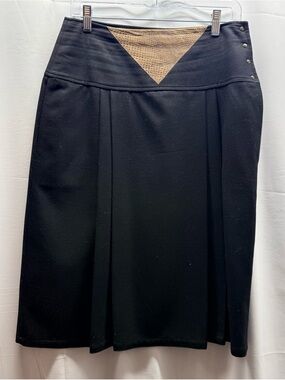 Alma Black A-Line 100% Wool Skirt with Tan Accent Waist Size 10